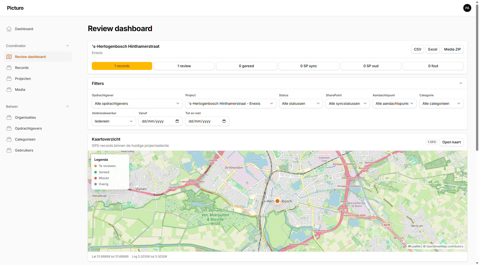 Voorbeeld van het Picturo dashboard
